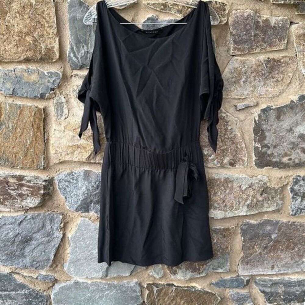 Black Halo Women's Silk Cold Shoulder Elastic Waist Tie Front Dress Black Size 4